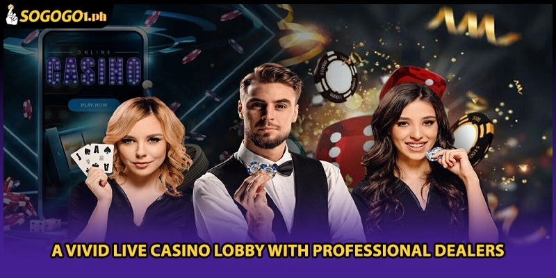 A vivid live casino lobby with professional dealers