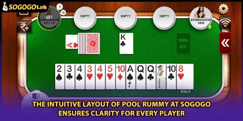 The intuitive layout of Pool Rummy at SOGOGO ensures clarity for every player